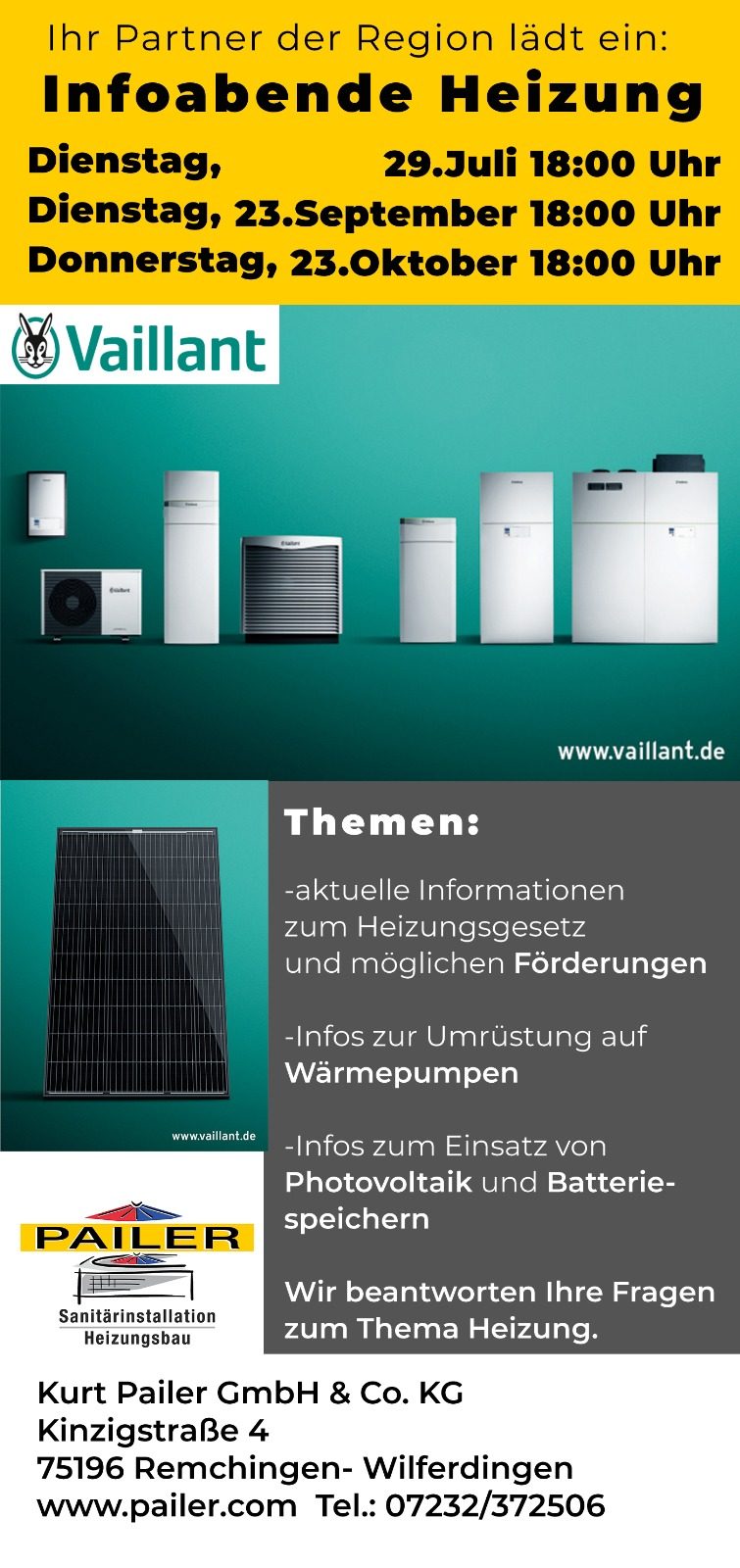 Informationsflyer über Veranstaltungen zu Heizungs- und Sanitärsystemen.